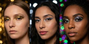 Three high-impact glitter eye makeup ideas featuring gold, silver, and iridescent glitter for party-ready glamour.