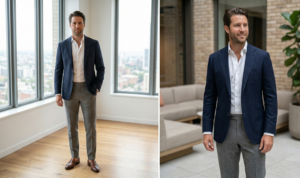 A vertical diptych of a man in a professional setting wearing a navy single-breasted blazer, crisp white dress shirt, slim grey wool trousers, and brown leather penny loafers.