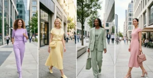 A four-panel image featuring women in monochromatic outfits on a city street. First panel: A woman entirely in lavender. Second panel: A woman entirely in butter yellow. Third panel: A woman entirely in sage green. Fourth panel: A woman entirely in dusty pink.