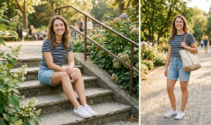 A natural light horizontal 16:9 photo collage diptych capturing the same woman from image_2.png in two distinct park views. The Left Panel is a full-length photo of the woman standing relaxed in the flourishing spring garden, wearing the loosely belted sage green linen midi shirt dress and flat brown leather slide sandals, surrounded by blooming plants. The Right Panel is an action shot of the same woman mid-stride, walking briskly down the garden pathway, with the sage green linen dress naturally flowing and swirling with her movement, the bottom buttons undone to highlight the breathable fabric. She is actively smiling and holding a large woven straw tote bag with brown leather handles in her right hand. The lighting is soft and diffused.
