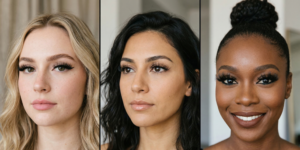 A composite image focusing on voluminous and wispy dramatic false lashes to elevate a simple glamour look.