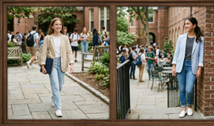 A framed triptych photograph capturing peak 'comfort wins' looks in an outdoor school quad. The left panel shows a full-body shot of a girl walking in black mid-thigh bike shorts and a very oversized heather gray hoodie; the center panel shows a student sitting on a wooden bench in an oversized pastel blue "STATE U" sweatshirt and black bike shorts; the right panel is a back view of a student in a large navy hoodie and black bike shorts, carrying a small backpack.