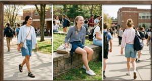A framed diptych photograph of stylish school wear. The left panel shows a student near campus steps in high-waisted, wide-leg tan trousers, a cream knit polo, and white sneakers; the right panel is a closer shot of another student in sage green wide-leg trousers, a charcoal ribbed tee, and white sandals.