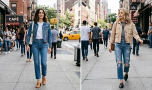 A two-panel diptych of women on a busy city street. Left: A woman in a cropped blue denim jacket and straight-leg jeans. Right: A woman in a cropped beige utility jacket and distressed jeans.