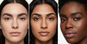 A composite focusing on structured bold eyebrows paired with natural soft nude and pink lip shades.