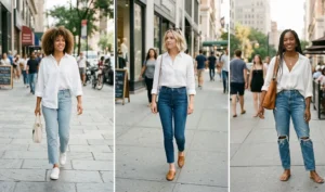 A three-panel triptych of women walking on a sunny city sidewalk. Left: A woman with curly hair wearing an oversized white button-down shirt and light-wash jeans. Middle: A woman with short blonde hair in a white linen shirt and skinny jeans. Right: A woman with braided hair wearing a white silk shirt and distressed mom jeans.