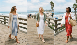 A three-panel triptych of women walking on a sunny beach boardwalk. Left: A woman in a cream open-knit cardigan over a blue striped sundress. Middle: A woman in a sage green cardigan over a white sundress. Right: A woman in a loose white cardigan over a red floral sundress.