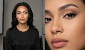 A natural history style photograph of a snow leopard camouflaged against rocky terrain in a cold mountain environment, looking intently at the viewer.