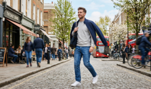 A dynamic street photograph of a man walking confidently down a vibrant cobblestone street, wearing mid-wash jeans, a grey sweatshirt, and a lightweight navy jacket draped effortlessly over his shoulders.