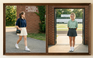 A framed diptych photograph of preppy style near a school sports field entrance. The left panel is a full-body shot of a girl walking in a cream pleated mini skirt and an oversized navy blue polo shirt; the right panel shows a different student standing in a dark gray pleated skirt and a pastel green oversized polo.