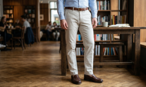 A close-up focusing on the tailored styling details of stone-colored chinos, a neatly tucked light blue Oxford shirt, a slim brown leather belt, and polished brown leather loafers in a sophisticated cafe or library.