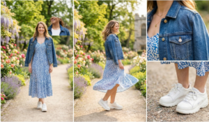 A horizontal photo collage diptych capturing a classic spring/summer combination of the same woman in a park setting under warm afternoon sun. The Left Panel is the candid, horizontal photo of the woman from image_6.png, sitting relaxed on weathered stone park steps, wearing the navy and white striped tee, cuffed light-wash denim shorts, and white canvas sneakers, surrounded by flowering hydrangeas. The Right Panel is a full-length, vertical shot of the same woman standing confidently on a gravel park pathway. She stands facing slightly left, showcasing the complete outfit: the striped tee, cuffed light-wash denim shorts, and white canvas sneakers. Over her right shoulder, she carries a natural, beige canvas tote bag with brown leather handles. The background features mature leafy trees and blurred park visitors walking in the distance under warm, golden hour sunlight.