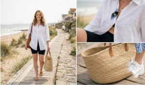 A horizontal 16:9 photo collage with bright, natural coastal daylight and a relaxed, candid photography style, showcasing an effortless warm-weather coastal look. The left panel is a full-body medium shot of a young woman with shoulder-length wavy brown hair and a broad, natural smile, identical to the person in the other panels. She is walking confidently towards the camera along a weathered wooden plank and stone pathway that runs alongside a sandy beach with gentle waves and sparse dune grass, consistent with image_21.png. She is wearing an oversized, wrinkled white linen button-up shirt, left half-buttoned and loose, paired with black bike shorts and flat, minimalist tan leather slide sandals (as seen in image_23.png). Over her left shoulder, she carries the tan leather tote bag from image_21.png. She also holds the distinct large, structured woven straw tote bag with tan leather handles and trim (image_23.png style) in her right hand, detailed on the pathway. The upper-right panel is a tightly focused vertically stacked vertically oriented close-up that highlights the textures of her upper torso, clearly demonstrating the open, half-buttoned white linen shirt fabric, showing the weave, natural wrinkles, and the button placket with small white buttons, partially revealing her black bike shorts and bare skin. A simple layered gold layered necklace, similar to image_15.png, is visible at the neckline. The lower-right panel, vertically oriented and stacked, provides a crystal-clear, detailed sharp focus from her hand down to the textured wooden pathway. This shot is a detailed macro close-up of the woven natural fiber tote bag (identical texture to image_29.png), highlighting the intricate weave, tan leather handle, stitching, and the rough texture of the weathered wooden path below. All panels share bright, diffused coastal light and soft-focus backgrounds to emphasize the subject and textures. The woman’s simple gold necklaces are consistent in all panels. The collage is horizontally oriented, split by clean white vertical and horizontal borders, creating a clear structure.