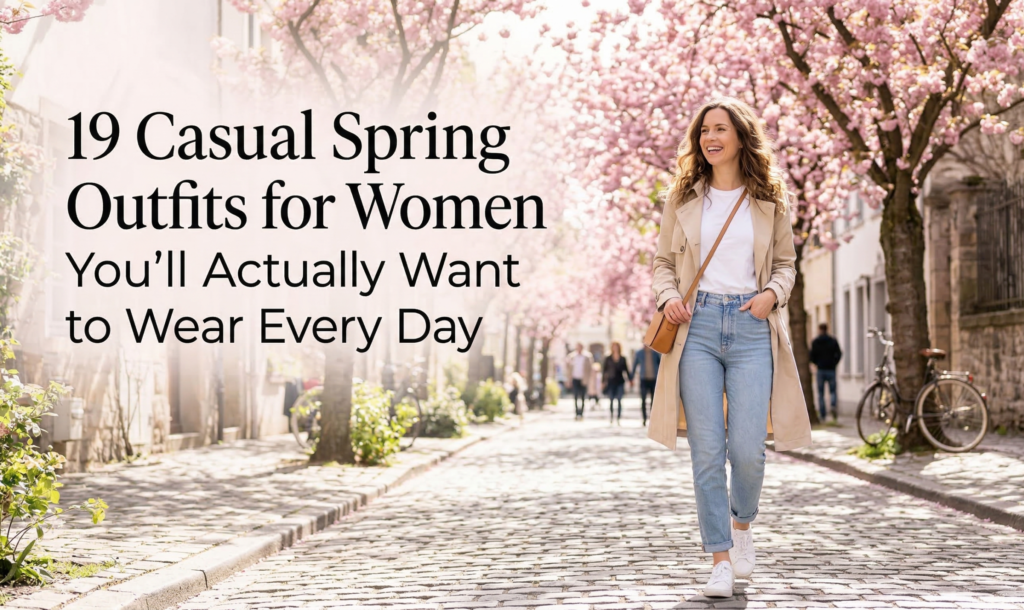 "A bright, sunlit lifestyle blog feature image showing a smiling woman walking down a cobblestone street lined with blooming pink cherry trees. She is wearing a casual spring outfit consisting of a lightweight beige trench coat, a white t-shirt, light-wash jeans, and white sneakers. On the left side of the image, prominent black text reads, '19 Casual Spring Outfits for Women You'll Actually Want to Wear Every Day'."