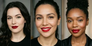 A high-definition photograph of a calm, reflective lake in a remote valley at sunset, surrounded by snow-capped mountains and evergreen forests. A single wooden canoe with two people is in the water.