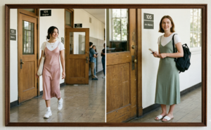 A framed diptych photograph set on a bright university quad, taken with natural light. The left panel shows a full-body shot of a student leaning against a tree in high-waisted tan straight-leg khakis and a navy and white striped long-sleeve tee; the right panel features a different student walking on a stone path wearing relaxed fit khaki trousers and a green and white striped short-sleeve tee.