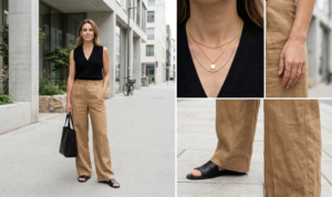 A full-length candid photograph of a happy young woman with wavy brown hair sitting relaxed on weathered stone park steps on a warm afternoon. She is wearing a classic navy and white horizontally striped cotton tee, cuffed light-wash denim shorts, and white canvas low-top sneakers. She sits comfortably with her legs slightly crossed and her hands resting naturally on her knees, surrounded by leafy green foliage, flowering hydrangeas, and a rustic metal railing with blurred park activity in the warm, golden light.
