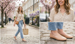 A horizontal 16:9 photo collage showcasing a feminine, casual spring outfit in a romantic urban setting. Left Panel (Full Shot): A full-length candid shot of a woman with wavy brown hair walking down a city sidewalk lined with blossoming pink cherry trees and purple wisteria. She is wearing a lightweight, cream-colored floral short-sleeve blouse with cuffed sleeves, half-tucked into light-wash straight-leg jeans with a raw hem. She carries a small tan leather crossbody bag and a large woven straw tote. On her feet are elegant nude leather ballet flats. Right Panel (Detail Focus): A composite of two detailed shots. Top: A close-up focus on the woman’s upper torso, highlighting the delicate ditsy floral pattern of the blouse, her warm smile, and her layered gold necklaces. Bottom: A sharp focus on her feet and ankles, showcasing the smooth texture of the nude leather ballet flats on the cobblestone pavement and the raw, frayed hem of the light-wash denim. The entire collage is captured in bright, romantic spring daylight with a soft background blur that emphasizes the blossoming trees and the subject's outfit.