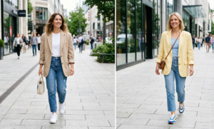 A two-panel diptych of women on a modern city sidewalk. Left: A woman wearing an oversized beige blazer, white tee, and medium-wash jeans. Right: A woman wearing an oversized pastel yellow blazer, light blue tank top, and straight-leg jeans.
