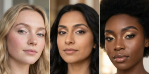 Three variations of elegant champagne shimmer eyeshadow with glowing skin for a sophisticated and versatile beauty style.