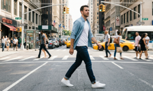 A dynamic street shot of a man cross a NYC intersection in denim-on-denim style, featuring dark wash slim jeans and an open light-wash chambray shirt over a white tee, with city buildings in the background.