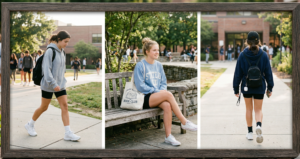 A framed diptych photograph taken in a sunlit campus cafe area, highlighting textures. The left panel shows a girl sitting at a wooden table in bright white straight-leg jeans and a colorful lavender and green argyle knit vest over a white tee; the right panel is a full-body shot of another girl walking in distressed white denim, a solid pastel pink chunky knit vest over a white long-sleeve shirt.