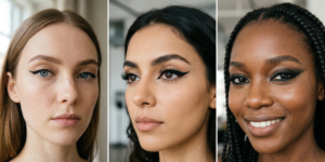 Detailed close-ups of three sharp winged eyeliner styles ranging from subtle cat-eyes to dramatic flicked liner.