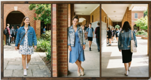 A framed diptych photograph set in a sunlit school library courtyard. The left panel shows a girl leaning against a brick wall in slightly washed-out medium blue straight-leg jeans and a dusty rose floral blouse; the right panel is a full-body shot of another girl walking in clean white straight-leg jeans and a blue and white botanical print floral blouse.