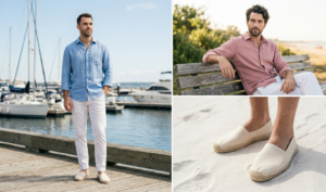 A three-panel collage capturing warm weather style, showing men in relaxed linen shirts (light blue and dusty pink) paired with white chinos and trousers, including a close-up of natural jute espadrilles on white sand.
