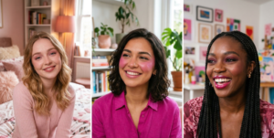 A composite image showcasing various pink glam looks with rosy eyeshadow, berry-pink lips, and soft pink blush.