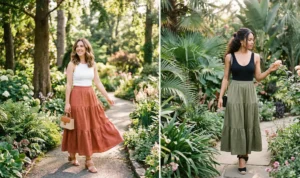A two-panel diptych of women in a lush garden. Left: A woman wearing a terracotta flowy maxi skirt and white ribbed tank. Right: A woman wearing an olive green maxi skirt and black ribbed bodysuit.