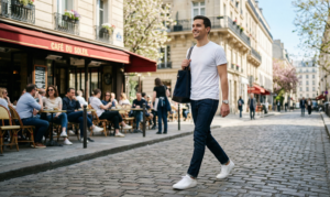 A confident man in well-fitted indigo jeans, a crisp white tee, and white minimalist sneakers walks down a sun-drenched Parisian cobblestone street, with blurred cafes in the background.