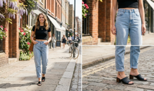 A horizontal 16:9 photo collage featuring three panels with natural lighting and a clean, candid style, showcasing a '90s-inspired street style look. The left panel is a full-body medium shot of a young woman with shoulder-length wavy brown hair and a bright smile, identical in appearance to the person in the other panels. She is walking confidently towards the camera on a sun-dappled, detailed cobblestone city street lined with aged red brick buildings, period storefronts with white awnings, flowering wisteria, and roses, consistent with image_21.png and image_25.png. She wears a black ribbed short-sleeve crop top paired with high-waisted, light-wash mom jeans (relaxed fit, cuffed hem). Over her left shoulder, she carries the tan leather tote bag from image_7.png. Her feet are in the black low leather mule heels with a stacked heel (image_21.png style), which are clearly detailed on the cobblestones. She has on the simple layered gold necklace from image_15.png and image_25.png. Blurred pedestrians, storefront signs, and a classic bicycle are in the background. The upper-right panel is a tightly focused vertically oriented vertically stacked close-up that highlights strictly from the woman's waist down, demonstrating the precise high-waisted fit, natural wash, and texture of the mom jeans on her body. A narrow strip of the black crop top's ribbed hem is visible above the jeans waistband. The lower-right panel, vertically oriented and stacked, provides a crystal-clear, detailed sharp focus from her ankles down to her feet on the weathered cobblestone pavement. This shot is a detailed macro close-up of the two black low leather mule heels, showcasing the leather texture, mule strap, stacked heel, and her ankle detail against the aged pavement stones. The hem of the cuffed light-wash mom jeans ends cleanly above her ankle. All panels share bright, natural daylight and varied depth of field. The collage is horizontally oriented, split by clean white vertical and horizontal borders, creating a clear structure.