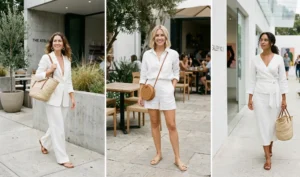 A three-panel triptych of women in bright outdoor settings. Left: A woman in a white linen blazer and wide-leg trousers. Middle: A woman in a white linen button-down and matching shorts. Right: A woman in a white linen wrap top and matching skirt.