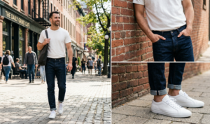 A three-panel collage showing a man walking down a sunny city street wearing a white heavyweight t-shirt, dark slim-fit jeans, and white leather sneakers, alongside close-up details of the outfit's fabric and shoes.