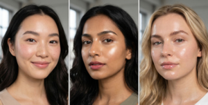 Close-up of three models with ultra-hydrated glass skin, liquid highlighter, and a fresh luminous makeup base.