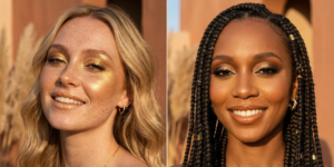 A composite image of two models with radiant golden shimmer eyeshadow, sun-kissed bronzed skin, and glowing highlighter.