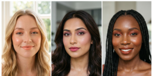 A triptych showing coordinated monochrome makeup in peach, mauve, and terracotta shades across eyes, cheeks, and lips.
