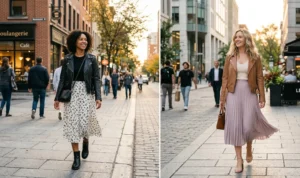 A two-panel diptych of women on a city street during golden hour. Left: A woman wearing a black leather biker jacket and a floral midi skirt. Right: A woman wearing a camel brown leather jacket and a pastel pink pleated midi skirt.