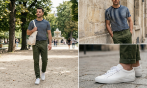 A three-panel collage of a man in a park wearing a navy and white striped Breton tee, olive green chinos, and white low-top sneakers, with detailed shots focusing on the striped texture and shoes.