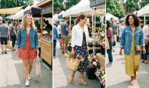 A three-panel triptych of women at a sunny outdoor farmers market. Left: A woman wearing a blue denim jacket over a red floral sundress. Middle: A woman wearing a white denim jacket over a navy floral dress, holding a market basket. Right: A woman wearing an oversized distressed denim jacket over a yellow floral maxidress.