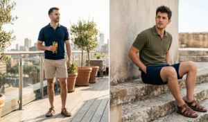 A vertical diptych of elevated casual wear featuring men wearing fine-knit polo shirts and tailored shorts with brown leather sandals, set against a rooftop bar and stone steps.