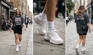 A low-angle close-up shot focused on the woman's lower legs and feet. The view is from her ankles down to her feet resting on the gravel and cobblestone garden path. She is wearing the pair of flat brown leather slide sandals, with a specific strap design, showcasing the texture of the leather and her bare foot. The hem of her black midi dress is visible at her ankle. Natural sunlight illuminates the details of the sandals and the ground.