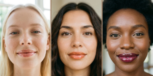 Three close-ups of high-shine glossy lips in clear, peach-tinted, and deep berry shades for a modern makeup look.