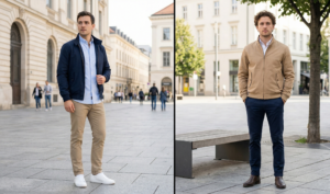 A vertical split-panel showing men in a city square wearing navy and tan Harrington jackets over light blue and white Oxford shirts, paired with slim chinos.