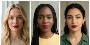 Three variations of classic red lip glamour makeup featuring matte crimson, glossy blue-red, and deep burgundy lipstick shades.