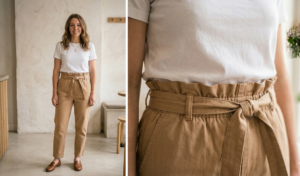 A horizontal photo collage diptych with bright, natural daylight and a clean, candid style, showcasing a flattering and classic casual look. The left panel is a full-body medium shot of a poised young woman with shoulder-length wavy brown hair and a broad, natural smile, identical to the person in the other panels. She is standing confidently against a softly blurred indoor background of textured off-white plaster and minimalist wooden cafe furniture, consistent with image_19.png. She is wearing high-waisted, tan paperbag waist cotton trousers (with visible ruched, gathered details) cinched with a matching fabric belt tied in a neat knot. A simple, fitted white crew-neck cotton tee is fully tucked smoothly into the waistband. On her feet are classic brown leather loafers (penny loafer style, as seen in image_13.png and image_25.png). She wears the simple layered gold pendant necklaces from image_15.png and image_25.png. The right panel is a tight, crystal-clear vertically stacked vertically oriented close-up focused tightly on her upper torso and waistline. This shot clearly shows the intricate, gathered and ruched details of the tan paperbag waistband, the precisely tied fabric belt, and demonstrates a flawless smooth tuck of the white tee. The subtle weave and texture of the tan cotton trousers and the fine cotton tee are sharply defined under natural daylight. Depth of field is varied; the left panel provides context, while the right provides sharp macro detail. The woman’s simple gold necklaces are consistent across both panels. The collage is horizontally oriented, split by a clean vertical white border.
