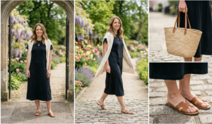 A horizontal 16:9 photo collage (triptych) featuring an effortless spring layering look in a sunlit park setting. Left Panel (Standing): A full-length shot of a smiling woman standing framed by a rustic stone archway leading into a lush, blooming garden. She is wearing a simple, relaxed black cotton midi dress, flat brown leather slide sandals, and a cream-colored lightweight cardigan draped casually over her shoulders. Center Panel (Movement): A dynamic full-body shot of the same woman walking confidently along a cobblestone path in the garden. The candid movement showcases the natural flow of the black midi dress and how the cream cardigan drapes beautifully over her shoulders as she walks. Right Panel (Detail): A composite of two vertically stacked close-up shots. Top: A focus on the woman's hand carrying a large woven straw tote bag with tan leather handles, with the black fabric of her dress softly blurred in the background. Bottom: A sharp close-up of her feet on the cobblestone pavement, highlighting the cutout design of the flat brown leather slide sandals and the clean hemline of the black midi dress. The entire collage is captured in bright, natural daylight with a relaxed, candid photography style.