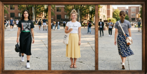A framed triptych photograph of edgy university style on a campus pavement. The left panel features a girl walking in a tucked vintage-style band graphic tee and black satin flowy midi skirt; the center shows a girl full-body in a white fitted "CITY SCHOLAR" graphic tee and soft yellow pleated midi skirt; the right panel is a back view showing the movement of a navy floral midi skirt paired with a gray "UNIVERSITY LIFE" graphic tee.