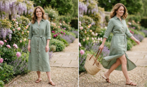 A close-up portrait of the same young woman, focusing on her warm smile and face. Her wavy brown hair frames her face, and her natural expression is clear. She is looking at the camera. The two delicate gold layered necklaces are visible around her neck, over the collar of her black dress. The background is a soft-focus bokeh of colorful garden flowers and wisteria, creating a natural setting.